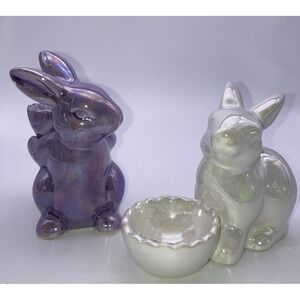Pair of Iridescent Easter Bunnies With Egg Cups Purple & White Ceramic Cuties